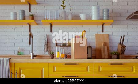 Moderne Küche mit Möbeln in lebhaften Farben, 3D-Rendering Stockfoto