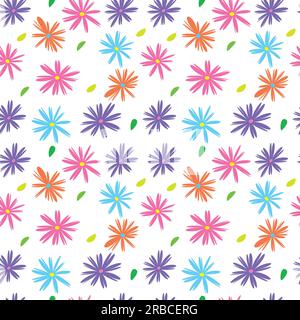 Nahtloses Muster aus Kritzelblumen und Blättern mit flachen Farben und niedlichen Grafikmustern für Textil, Papierwicklung und Hintergrund. Stockfoto