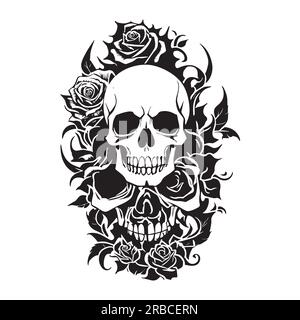 Schwarz-weißer menschlicher Schädel und Rosen, Illustration von menschlichem Schädel und Rosen für Tätowierung, Aufdruck, T-Shirt. Stockfoto