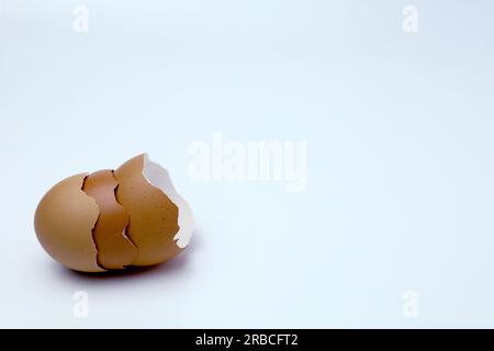 Nahaufnahme gerissene Eierschale auf weißem Hintergrund mit Schatten und sanftem, hellem Licht mit Kopierbereich für Text oder Text einfügen Stockfoto