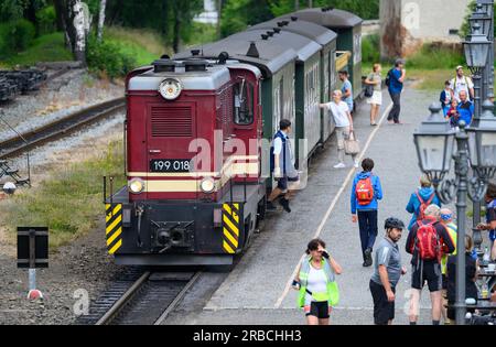 Oybin, Deutschland. 06. Juli 2023. Eine elektrische Lokomotive der Schmalspurbahn Zittau steht am Bahnhof des Kurorts. Nonensteine, Bechersteine oder der Berg Oybin, der in seiner Form einem riesigen Bienenstock ähnelt: Bizarre Felsformationen können in den Zittau Bergen entdeckt werden. Aufgrund der geologischen Ähnlichkeiten wird manchmal sogar von der "kleinen Schwester der sächsischen Schweiz" gesprochen. (Zu dpa: 'Beliebt für Kurzurlaube: Zittau Berge wollen entdeckt werden') Kredit: Robert Michael/dpa/Alamy Live News Stockfoto