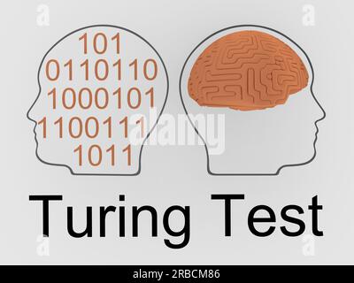 3D Abbildung von zwei Kopfsilhouetten: Eine enthält menschliches Gehirn, während die andere eine Reihe binärer Zahlen mit dem Titel Turing-Test enthält. Stockfoto