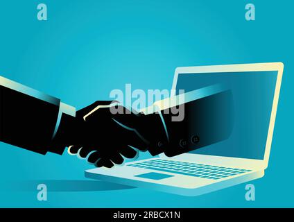 Business Concept Vektor Illustration eines Geschäftsmannes schütteln Hände mit Eine Hand kommt aus einem Laptop-Computer Stock Vektor