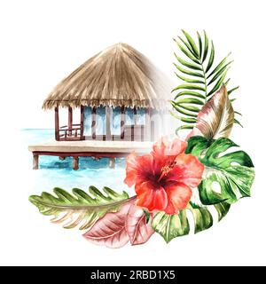 Tropisches Sommerurlaubskonzept, handgemalte Aquarell-Illustration isoliert auf weißem Hintergrund Stockfoto