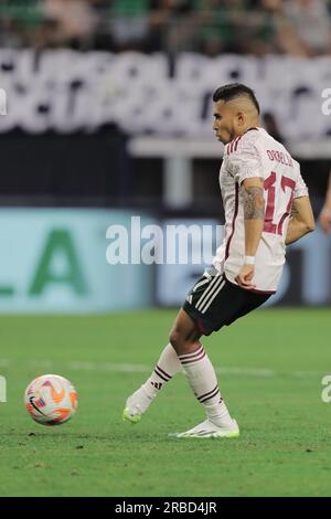 Benbrook, Texas, USA. 8. Juli 2023. Mexikos OBERLIN PINEDA-Elfmeterschießen im Gold-Cup-Viertelfinale am Samstagabend im AT&T Stadium in Arlington, Texas, erzielte Mexiko einen Vorsprung von 1-0 gegenüber Costa Rica. (Kreditbild: © Brian McLean/ZUMA Press Wire) NUR REDAKTIONELLE VERWENDUNG! Nicht für den kommerziellen GEBRAUCH! Kredit: ZUMA Press, Inc./Alamy Live News Stockfoto