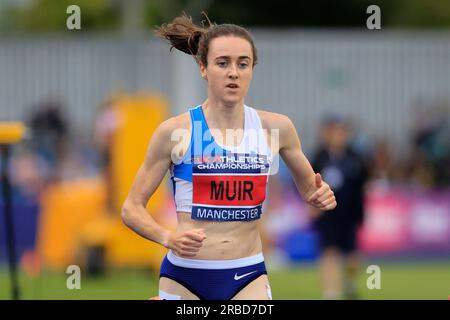 Manchester, Großbritannien. 08. Juli 2023. Laura Muir gewinnt bei den britischen Leichtathletikmeisterschaften in der Manchester Regional Arena, Manchester, Großbritannien, am 8. Juli 2023 (Foto von Conor Molloy/News Images) am 7./8. Juli 2023 in Manchester, Vereinigtes Königreich, ihren Sieg in den 1500m Frauen. (Foto: Conor Molloy/News Images/Sipa USA) Guthaben: SIPA USA/Alamy Live News Stockfoto