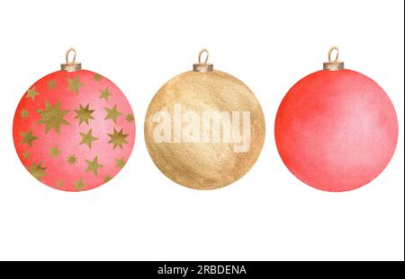 Handgezeichnete Aquarelldarstellung. Rubinrote und goldene Glaskugeln für den weihnachtsbaum. Zwei Optionen – auf weißem und transparentem Hintergrund. Stockfoto