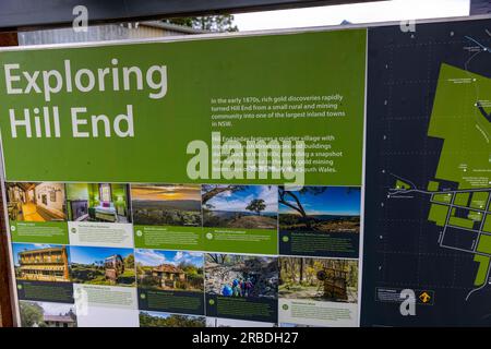 Hill End, ehemalige Goldgräberstadt in der Region Bathurst in New South Wales, Informationstafel für Sightseeing und Erkundungen, NSW, Australien Stockfoto