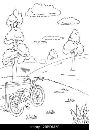 Fahrrad im Feld Grafik schwarz weiß Landschaft Skizze Illustration Vektor Stock Vektor