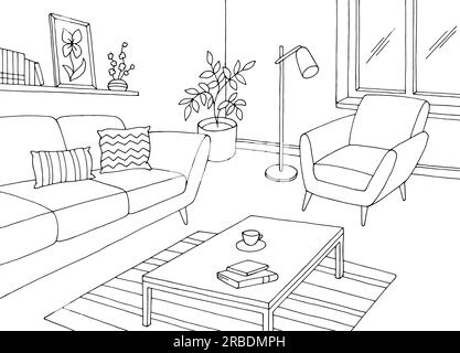 Wohnzimmer Grafik schwarz weiß Haus Interieur Skizze Illustration Vektor Stock Vektor