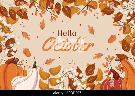 „Hallo Oktober“-Hintergrunddesign mit verschiedenen Blättern, Kürbissen und Eicheln, weiße Beere auf Zweig, Kopierbereich. Herbstkonzept mit Herbstgemüse und Laub. Stock Vektor