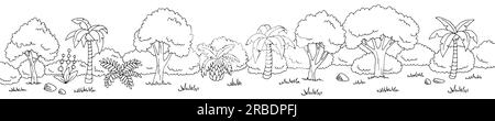 Dschungel Regenwald Grafik schwarz weiß lange Landschaftszeichnung Vektor Stock Vektor