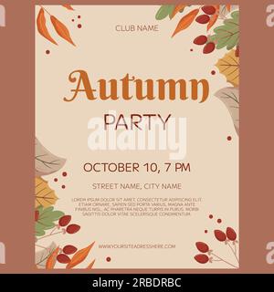 Design der Herbstparty-Postervorlage. Rahmen mit verschiedenen Blättern und Beeren auf einem Zweig, Kopierbereich. Einladung zur Veranstaltung für den Club Stock Vektor