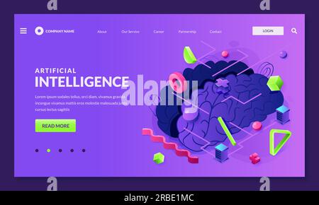 Isometrische Darstellung des künstlichen Intelligenzvektors 3D. Menschliches Gehirn und abstrakte geometrische Formen. Wissenschaft, Robotertechnik, Zukunftstechnologie c Stock Vektor