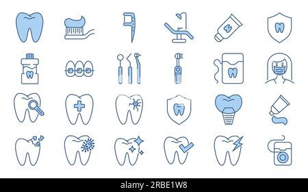 Zahnbezogene Vektorsymbole gesetzt. Inklusive Icons Zahnstuhl, Zahnpasta, Zahnwerkzeuge, Zahnseide, Karies, Zahnbürste, Zahnpasta, Zahnschmerzen, impl Stock Vektor