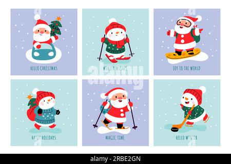 Cartoon-Weihnachtsmann und Schneemannskarten. Neujahrsfeiertag. Weihnachtsfiguren mit Geschenken auf Skiern, Snowboards und Autos. Wintersportübungen im Freien Stock Vektor