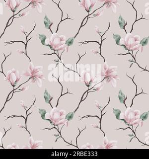 Nahtloses Aquarell-Magnolie-Muster. Magnolienblüten und -Zweige im Hintergrund. Die Darstellung in den Aquarellfarben im trendigen Stil. Stockfoto