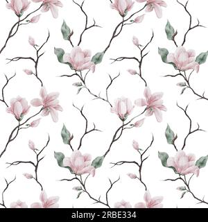 Nahtloses Aquarell-Magnolie-Muster. Magnolienblüten und -Zweige im Hintergrund. Die Darstellung in den Aquarellfarben im trendigen Stil. Stockfoto