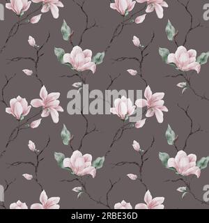 Nahtloses Aquarell-Magnolie-Muster. Magnolienblüten und -Zweige im Hintergrund. Die Darstellung in den Aquarellfarben im trendigen Stil. Stockfoto