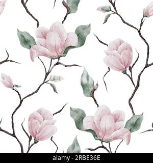 Nahtloses Aquarell-Magnolie-Muster. Magnolienblüten und -Zweige im Hintergrund. Die Darstellung in den Aquarellfarben im trendigen Stil. Stockfoto