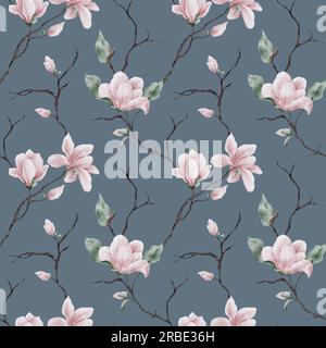 Nahtloses Aquarell-Magnolie-Muster. Magnolienblüten und -Zweige im Hintergrund. Die Darstellung in den Aquarellfarben im trendigen Stil. Stockfoto