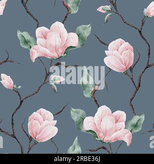 Nahtloses Aquarell-Magnolie-Muster. Magnolienblüten und -Zweige im Hintergrund. Die Darstellung in den Aquarellfarben im trendigen Stil. Stockfoto