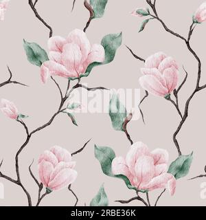 Nahtloses Aquarell-Magnolie-Muster. Magnolienblüten und -Zweige im Hintergrund. Die Darstellung in den Aquarellfarben im trendigen Stil. Stockfoto