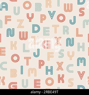 Vector Nahtloses Alphabet-Muster – Retro-Design. Farbenfroher Hintergrund mit lateinischen Buchstaben. Trendiger Textildruck Stock Vektor