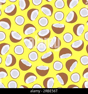 Helles nahtloses Kokosmuster – handgezeichnetes Cartoon-Design. Trendiger Sommerhintergrund. Lebendiges Gelb, Vektorillustration Stock Vektor