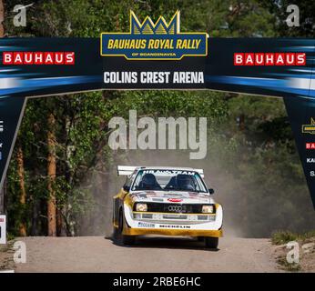 Karlstad, Schweden, 8. Juli 2023 SS 16 - COLIN's 2 (POWER STAGE) ERC Bauhaus Royal Rally of Scandinavia Stig Blomqvist (SWE) mit Mitfahrer Robert Jacobsson (SWE), Audi Quattro S1 Credit: PEO Mšller/Alamy Live News Stockfoto