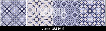 Satz von nahtlosen geometrischen Ziermustern für Vektoren - blaue und graue Kacheltexturen. Vektorwiederholbare elegante Hintergründe Stock Vektor