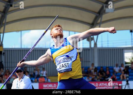 Benjamin East wirft den Javelin während der britischen Athletics Championships in der Manchester Regional Arena, Manchester, Großbritannien, 9. Juli 2023 (Foto von Conor Molloy/News Images) Stockfoto