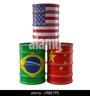 Alte Ölfässer mit Nationalflaggen der USA, Chinas und Brasiliens. 3D-Rendering Stockfoto