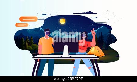 Ein Paar in Brillen in der Nähe des Zeltplatzes Campingplatz Nacht-Campingplatz Sommerurlaub Virtual-Reality-Technologie-Konzept Stock Vektor