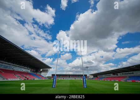 Eccles, Großbritannien. 09. Juli 2023. Allgemeiner Überblick über das AJ Bell Stadium vor dem Spiel Salford Red Devils gegen Leeds Rhinos in der Betfred Super League Runde 18 im AJ Bell Stadium, Eccles, Großbritannien, 9. Juli 2023 (Foto von Steve Flynn/News Images) in Eccles, Großbritannien, am 7./9. Juli 2023. (Foto: Steve Flynn/News Images/Sipa USA) Guthaben: SIPA USA/Alamy Live News Stockfoto