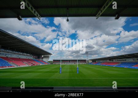 Eccles, Großbritannien. 09. Juli 2023. Allgemeiner Überblick über das AJ Bell Stadium vor dem Spiel Salford Red Devils gegen Leeds Rhinos in der Betfred Super League Runde 18 im AJ Bell Stadium, Eccles, Großbritannien, 9. Juli 2023 (Foto von Steve Flynn/News Images) in Eccles, Großbritannien, am 7./9. Juli 2023. (Foto: Steve Flynn/News Images/Sipa USA) Guthaben: SIPA USA/Alamy Live News Stockfoto