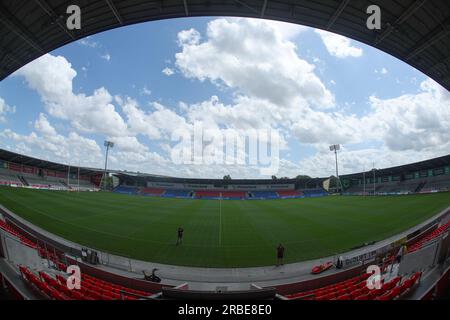 Salford, Großbritannien. 09. Juli 2023. AJ Bell Stadium, Stadium Way, Eccles, Salford, 9. Juli 2023 Betfred Super League Salford Red Devils V Leeds Rhinos General Stadium Blick vor dem Spiel Credit: Touchlinepics/Alamy Live News Stockfoto