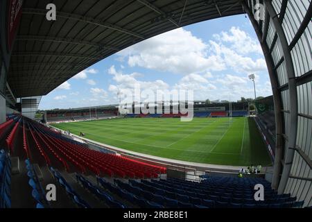 Salford, Großbritannien. 09. Juli 2023. AJ Bell Stadium, Stadium Way, Eccles, Salford, 9. Juli 2023 Betfred Super League Salford Red Devils V Leeds Rhinos General Stadium Blick vor dem Spiel Credit: Touchlinepics/Alamy Live News Stockfoto