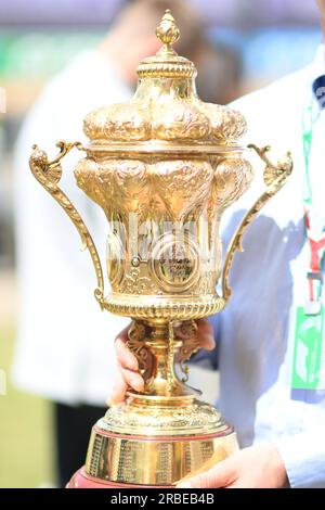 9. Juli 2023: Silverstone Circuit, Northamptonshire, England: Formel 1 2023 Aramco Grand Prix F1: Wettkampftag; die Trophäe des Großen Preises von Großbritannien Stockfoto