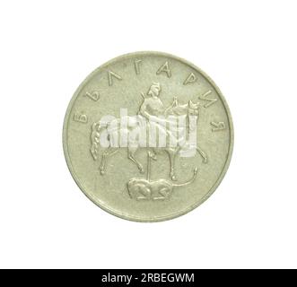 20 Stotinki-Münze, hergestellt von Bulgarien, die zeigt, wie Madara Rider auf seinem Pferd einen Löwen mit einem Speer tötet Stockfoto
