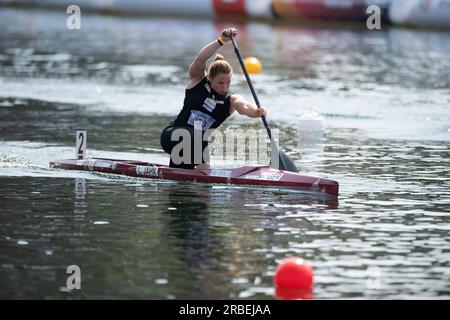 Lisa JAHN (KC Berlin), Gewinnerin, Goldmedaille, Action, Frauenkanu C1 Finale, Frauen, Kanu-Parallelsprint, Kanu-Wettbewerbe am 9. Juli 2023 in Duisburg/Deutschland die Finale 2023 Rhein-Ruhr von 06,07 bis 09.07.2023 Stockfoto