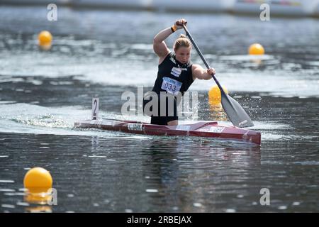 Lisa JAHN (KC Berlin), Gewinnerin, Goldmedaille, Action, Frauenkanu C1 Finale, Frauen, Kanu-Parallelsprint, Kanu-Wettbewerbe am 9. Juli 2023 in Duisburg/Deutschland die Finale 2023 Rhein-Ruhr von 06,07 bis 09.07.2023 Stockfoto