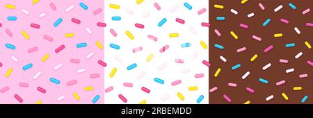 Set mit 3 nahtlosen Mustern für Zuckerstreusel. Pinkfarbene, weiße und schokoladenbraune Donut-Glasur, Eis oder Geburtstagskuchen. Lustiger Cartoon-Vektorhintergrund. Stock Vektor