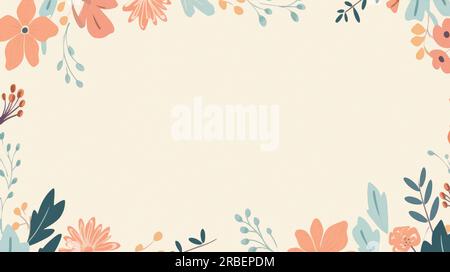 Eine minimalistische Illustration mit einem großen leeren Platz in der Mitte und einem dünnen Blumenrand in verschiedenen Farben auf einem unkomplizierten Hintergrund. Für die Hochzeit Stockfoto