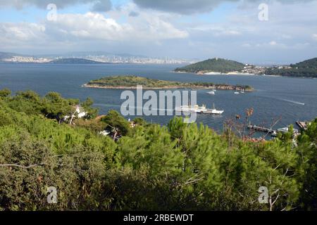 Die Fähre von Istanbul, die auf der Insel Burgazada ankommt, in der Kette der Prinzeninseln (Adalar), im Meer von Marmara, Türkei, Turkiye. Stockfoto