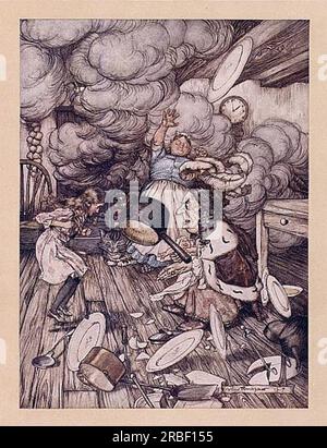 Ein ungewöhnlich großer Kochtopf flog nahe dran, und er wurde fast von Arthur Rackham getragen Stockfoto