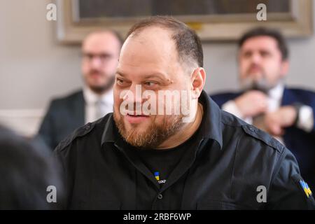 RIGA, Lettland. 9. Juli 2023. Ruslan Stefanchuk (auf Foto), Vorsitzender des Verkhowna Rada (Parlament) der Ukraine. Der lettische Präsident trifft sich mit litauischen, estnischen, polnischen, deutschen und ukrainischen Parlamentssprechern. Riga, Lettland. Kredit: Gints Ivuskans/Alamy Live News Stockfoto