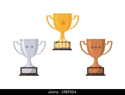Goldene silberne Bronzetassen. Siegerpokale für Spiele, Trophäen für Rennsport, Ranglisten und Pokalsieger – Vektor-Illustration Stock Vektor