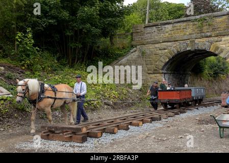 Chirk, Wrexham, Vereinigtes Königreich, 9. Juli 2023. Freiwillige an der Glyn Valley Tramway haben den ersten Zug auf der stillgelegten Schmalspurbahn seit 88 Jahren betrieben, indem sie einen typischen Pferdezug aus der Zeit der ersten Eröffnung der Bahn im Jahr 1873 im Glyn Valley bei Chirk nachgebaut haben. Die Eisenbahn wurde gebaut, um die Steinbrüche in Glyn Ceriog mit dem Shropshire Union Canal in Chirk zu verbinden und später zusätzlich bis zur Schließung im Jahr 1935 Passagierverkehr zu befördern. Die Freiwilligen haben die Erlaubnis, 1 km der Strecke wieder zu öffnen und hoffen, dass sie in Zukunft mit Dampflokomotiven fahren werden. G.P. Essex/Alamy Live News Stockfoto