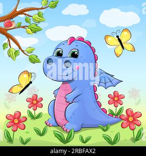 Süßer blauer Drache in der Natur. Vektordarstellung eines Tieres mit roten Blumen, gelben Schmetterlingen, grünem Gras, Baum, blauem Himmel, Weiße Wolken. Stock Vektor